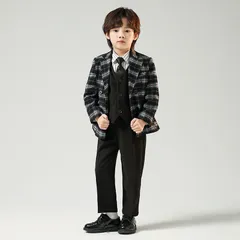 フォーマルスーツ 男の子 4点セット ジャケット+ベスト+パンツ+ネクタイ チェック 子供服 キッズ 入園式 入学式 卒業式 演出 冠婚葬祭
