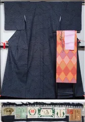 着物セット 重要無形文化財 本場結城紬と名古屋帯、帯揚げ、帯〆の４点セット 証紙付き 結城 紬 本結城 【 中古】【紬 紬の着物 リサイクル着物 リサイクル紬 正絹 つむぎ カジュアル きもの天陽】