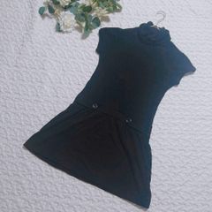 《PRIME PATTEPN》（M）ブラックタートルネック切り替え半袖ワンピース
