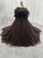 カラードレス オフショルダー キラキラグリッターチュール ブラウン Aライン 可愛い 結婚式