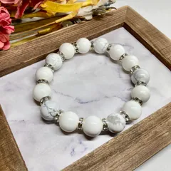 ホワイトハウライト &ハウライト パワーストーン ブレスレット12mm （シルバー）メンズ・レディース　男性・女性　数珠ブレス　開運  [1]