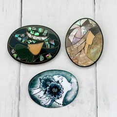 ヴィンテージ 陶器・螺鈿細工ブローチ3点セット 伝統工芸 当時物 昭和レトロ