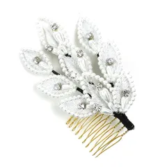 髪飾り コーム型 ラインストーン パール シルバー 白 キラキラ ラメ リーフ 葉 小さい かんざし かわいい 粋 日本製 おしゃれ No.9-3390