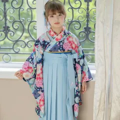 【HAKAST18-B4】着付け簡単袴セット 刺繍入り 京都絵師描き下ろし本格柄　～紺着物×水色袴～　キャサリンコテージ　TAK　小学生　袴　卒業式　セット