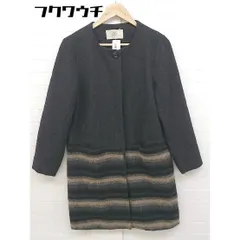 ■ CIAOPANIC チャオパニック ウール系 裾ボーダー 長袖 ノーカラーコート サイズF ダークグレー系 ベージュ レディース  【中古】 【1105210018223】