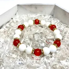 10mm キャッツアイ(レッド) ホワイトオニキス パワーストーン ブレスレット （ゴールド） メンズ・レディース [TIME]