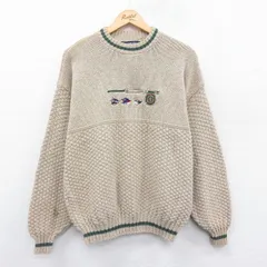 M/古着 バンヒューセン 長袖 セーター メンズ 90s 釣り 刺繍 クルーネック ベージュ他 カーキ 24dec27 中古 ニット トップス