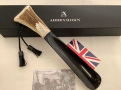 英国製アビーホーン本水牛角&鹿角ヘビーシューホーン25cm級スタッグwithリザードタッセルS10HVA N031