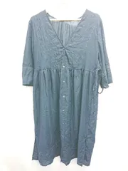 ◇ ◎ ⊂ GLOBAL WORK グローバル ワーク 花柄 刺繡 五分袖 膝下丈 シャツ ワンピース サイズL ネイビー レディース E  【1410230008322】