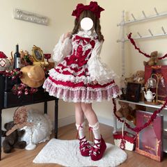 オリジナルデザイン 豪華ロリータ洋装 花嫁スタイル ジャンパースカート5色展開 (ピンク・ブラック・ブルー・アイボリー・レッド)