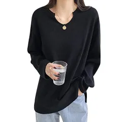 ブラック_S [MEME XTRA レディース Tシャツ 長袖 Vネック トップス カットソー 無地 ワッフルチェック ティーシャツ シンプル 可愛い ゆったり 大きいサイズ 体型カバー 着?せ カジュアル 大人 普段着 通学 春秋