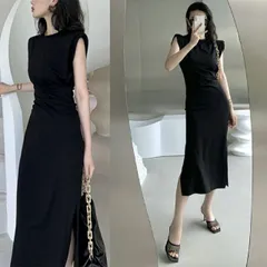ワンピース レディース ドレス ノースリーブ 無地 ミモレ丈 スリット タイト セクシー おしゃれ フレンチスリーブ　キャップスリーブ 肩パッド 黒 ブラック 韓国