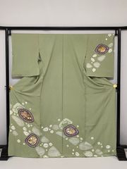 染帯　手描き　能面　9寸名古屋帯　緑　高級正絹 個性派　在庫見切り品 染帯 手描き 能面 9寸名古屋帯 緑 高級正絹 個性派 在庫見切り品