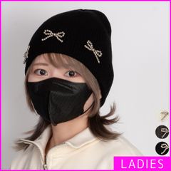 【新品・未使用】 ビーニー レディース リボン ニット ビーズ ビジュー 可愛い おしゃれ ワッチキャップ ニットキャップ 高校生 大学生 カジュアル 10代 20代 30代 ニット帽 帽子 ぼうし ボウシ ハット 即購入可 ブラック 黒 STY-65813
