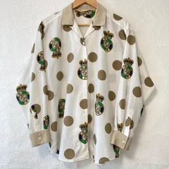 80s 90s ヴィンテージ！(^w^)b Tokyo-blouse SPORTS トウキョウブラウス 開襟 長袖 シャツ 薄手 トップス 総柄 クラウン お洒落 昭和 レトロ 古着 ホワイト系 レディース 女性 サイズL