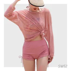 水着 レディース セパレート 長袖シアー トップス 3点セット L ピンク 花柄 可愛い カジュアル ヘルシー フェミニン 体型カバー 日焼け対策