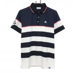 【美品】アディダス 半袖ポロシャツ 白×ダークネイビー ボーダー 襟縁ピンク メンズ M/M ゴルフウェア adidas