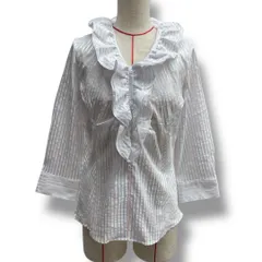 新品 タグ付 未使用 NARACAMICIE ナラカミーチェ イタリアンストライプ スタンドフリル七分袖ブラウス シャツ トップス フリル ストレッチ ホワイト ピンク ブルー 白 青 サイズI レディース 春 ゴーゴー古着マルイ北千住店 1 No.514