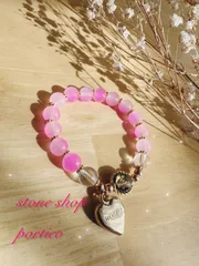 【パワーストーンブレスレット】 ホワイトクリスタル×ピンクガラスチャーム付NO61