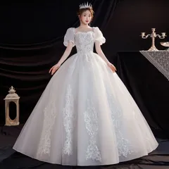 ウェディングドレス 大きいサイズ 白 ホワイト プリンセス Aライン 結婚式 ドレス パーティー パフスリーブ ロング スパンコール XL XXL 2XL 3XL 4XL 5XL 6XL 7XL 8XL  紐タイプ 花嫁 披露宴 前撮り 後撮り 透け感 姫系