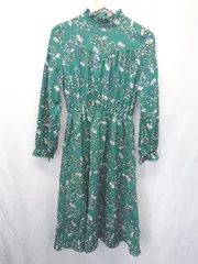 ◇ Θ SpRay PREMIUM 花柄 フリルカラー 長袖 膝下丈 ワンピース サイズM グリーン マルチ レディース E  【1411070017437】