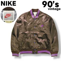 【希少】 90sヴィンテージ ナイキ NIKE 刺繍ロゴ 裏キルティング サテン スタジャン ブルゾン ジャケット アウター バーシティジャケット アワードジャケット M チャコールブラウン メンズ