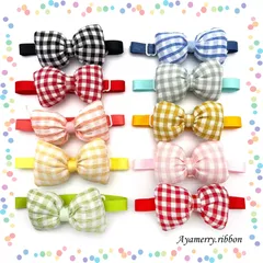 ふっくらチェックリボンチョーカー 10本（カラーおまかせ）犬用トリミングチョーカー 猫用　ペットリボン