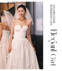 新品 未使用 フレンチスタイル 抹胸 ウェディングドレス ブライダル 高級感 大人可愛い ビスチェ ロングドレス シンプル 白 リボンデザイン インポート 花嫁 結婚式 迎賓ドレス 二次会 フォトウェディング