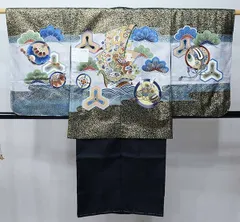 七五三 五歳 男児 羽織・着物・襦袢3点セット L寸 豪華絢爛 黒地 宝船 お仕立て無料 祝着 NO37776-2