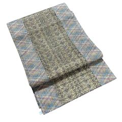 【Aランク美品】正絹袋帯 変わり織 縞に抽象花模様 全通柄 個性派おしゃれ帯 ナチュラルカラー