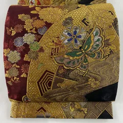 袋帯 美品 秀品 振袖向き 蝶 桜 金糸 箔 えんじ色 六通 正絹 【中古】