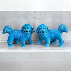 【2体セット】青獅子 ペア 唐獅子 中国 置物 美術品 縁起物 オブジェ 陶磁器 陶器 骨董品 アンティーク