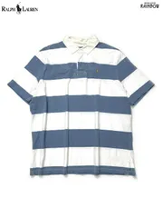 古着 Polo by Ralph Lauren ポロラルフローレン ワンポイント刺繍 スリット ボーダー柄 コットン100％ 半袖 ラガーシャツ 青 (ttu2504026)