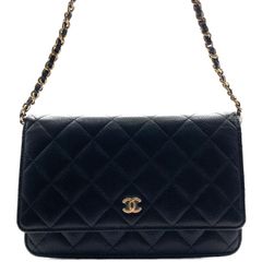 シャネル(CHANEL) マトラッセ チェーンウォレット  黒 キャビアスキン ゴールド金具 AP0250 プレート 新品同様 レディース ショルダーウォレット 財布
