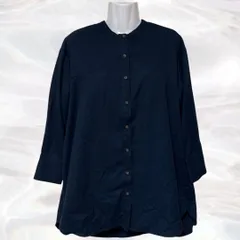 LILASIC　リラシク　シャツワンピース　ネイビー　レディース　長袖　無地　襟なし　ラウンドネック　ポケットあり　シンプル