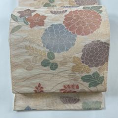 袋帯 秀品 夏帯 関西仕立て 秋草文 菊 金糸 箔 クリーム 六通 正絹 【中古】