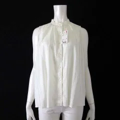 ユニクロ UNIQLO リネン ブレンド ブラウス シャツ シアー シフォン バンドカラー スタンドカラー ノースリーブ M オフ白 アイボリー タグ付 美品