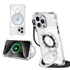 iPhone 16 Pro Max 用 ケース クリア MagSafe対応 リング付き ネック ショルダー アイフォン16 paomax 縄掛けケース 透明 肩掛け 斜めかけ 韓国 可愛い 縄掛け カバー 丸型スタンド付き マグネット搭載 縦横両対応 耐衝 0