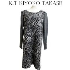 K.T KIYOKO TAKASE　K.T キヨコ タカセ　レディース ウールワンピース 　あったかワンピ　膝丈 長袖 レオパードヒョウ柄　アニマル柄 40号 11号 L グレー 冬