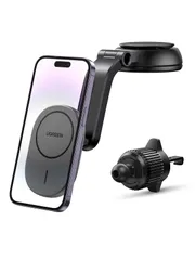 【★送料無料★】UGREEN MagFlow 2in1 ワイヤレス車載充電器 magsafe 15W/7.5W 車載ホルダー マグネット スマホホルダー 吸盤式＆吹き出し口兼用iPhone16/15/ 14/13/12シリーズ対応 ブラック