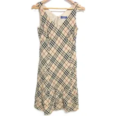美品 BURBERRY BLUE LABEL バーバリーブルーレーベル ノバチェック柄 ノースリーブ ひざ丈 ベルテッド ワンピース 38 ベージュ レディース 古着 中古 USED