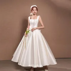 新品 エレガント ウェディングドレス Aライン サテン地 キャミネック ロングドレス 二次会 結婚式 ウエディング ホワイト/レッド 2色展開 kkkwovのサムネイル