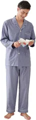 MiniZaru パジャマ ルームウェア 綿100 上下セット 長袖 前開き チェック柄( W18_グレー青_男,  M)