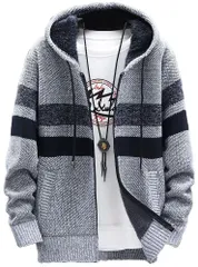 [エンプティオ] フード付き ボーダー ニットジャケット メンズ アウター フルジッパー トップス ニット ジップパーカー パーカー 長袖 ストリート 裏起毛 ジップアップ ニットパーカー ウェア 大人 ジャケットパーカ ボア v系  [ライトグレー] [M]