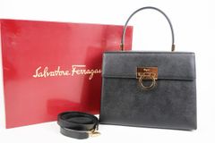 【新品同様・未使用】Ferragamo フェラガモ ガンチーニ サフィアーノレザー 2WAYショルダー ハンドバッグ ブラック【SO79】