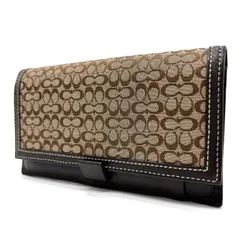 ✨美品✨ COACH コーチ 二つ折り 長財布 ロングウォレット フラップ シグネチャー 総柄 ロゴ型押し 定期入れ 小銭入れ カードケース キャンバス レザー レディース ベージュ 肌色 ブラウン 茶色