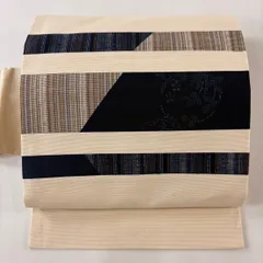 名古屋帯 美品 秀品 花 縞 切り嵌め クリーム 正絹 【中古】