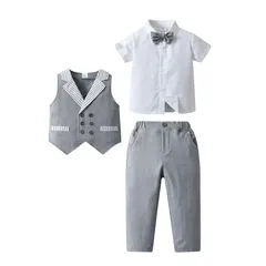  男の子服子供服 キッズ服 フォーマル 子供スーツ ベビー服 半袖シャツ+ズボン+ベスト3点セット 夏 ブリティッシュスタイル タキシード風 卒園式 入園式 七五三 お宮参り 結婚式 入学式 90 100 110 120 130cm