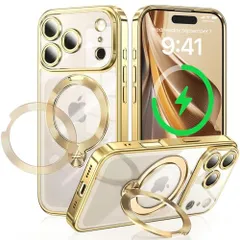 iPhone 17 Pro Max ケース MagSafe リングスタンド 透明 ゴールド 耐衝撃 360°回転