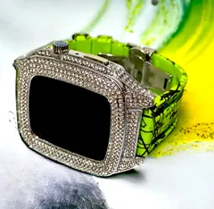 シルバー×ライムグリーンアップルウォッチカバーバンドキラキラAppleWatchラバーカスタム　44mm 45mm ベルト　ケース　セット　スパイダーラバー